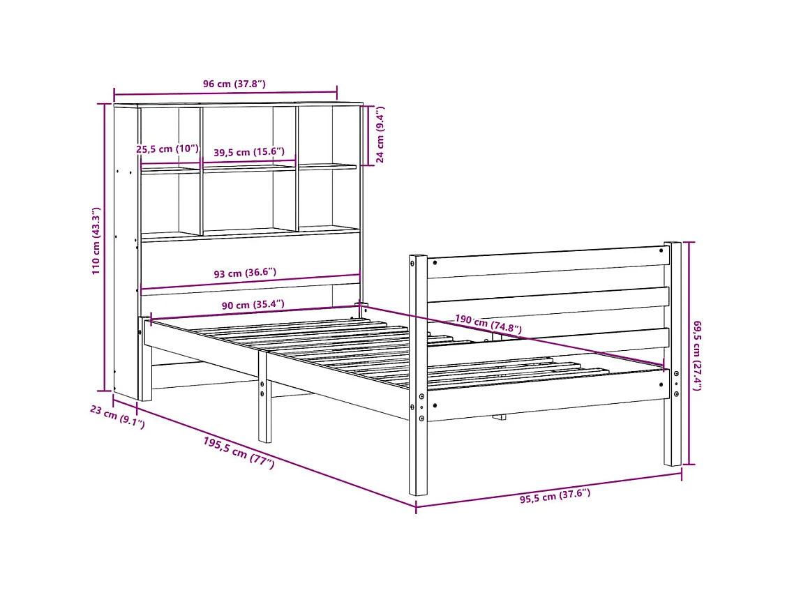 Letto Libreria senza Materasso Bianco 90x190 cm Massello Pino