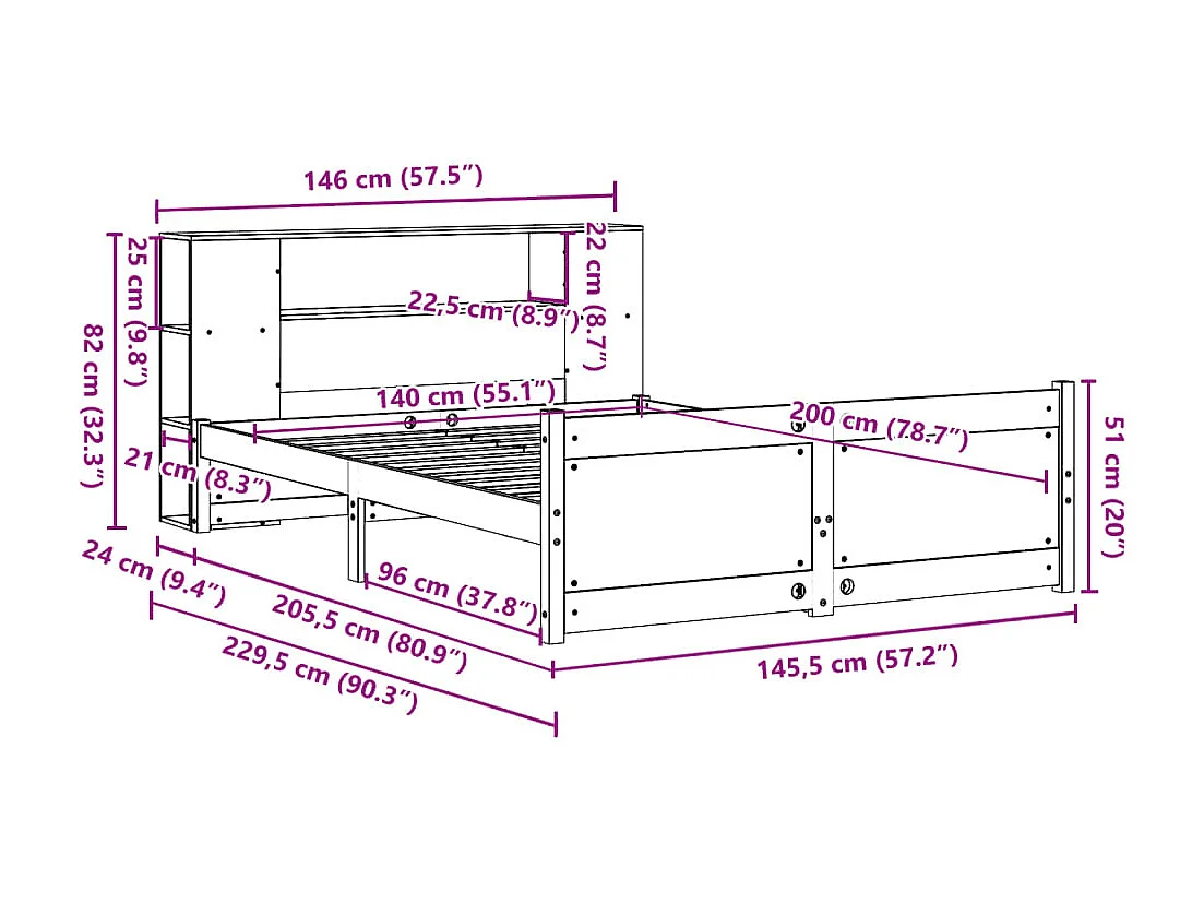 Bed met boekenkast zonder matras massief grenenhout 140x200 cm