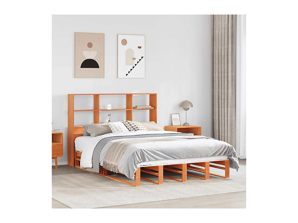 Lit bibliothèque sans matelas cire marron 140x190cm bois massif
