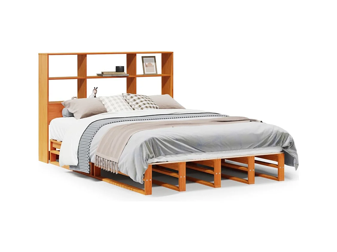 Lit bibliothèque sans matelas cire marron 140x190cm bois massif