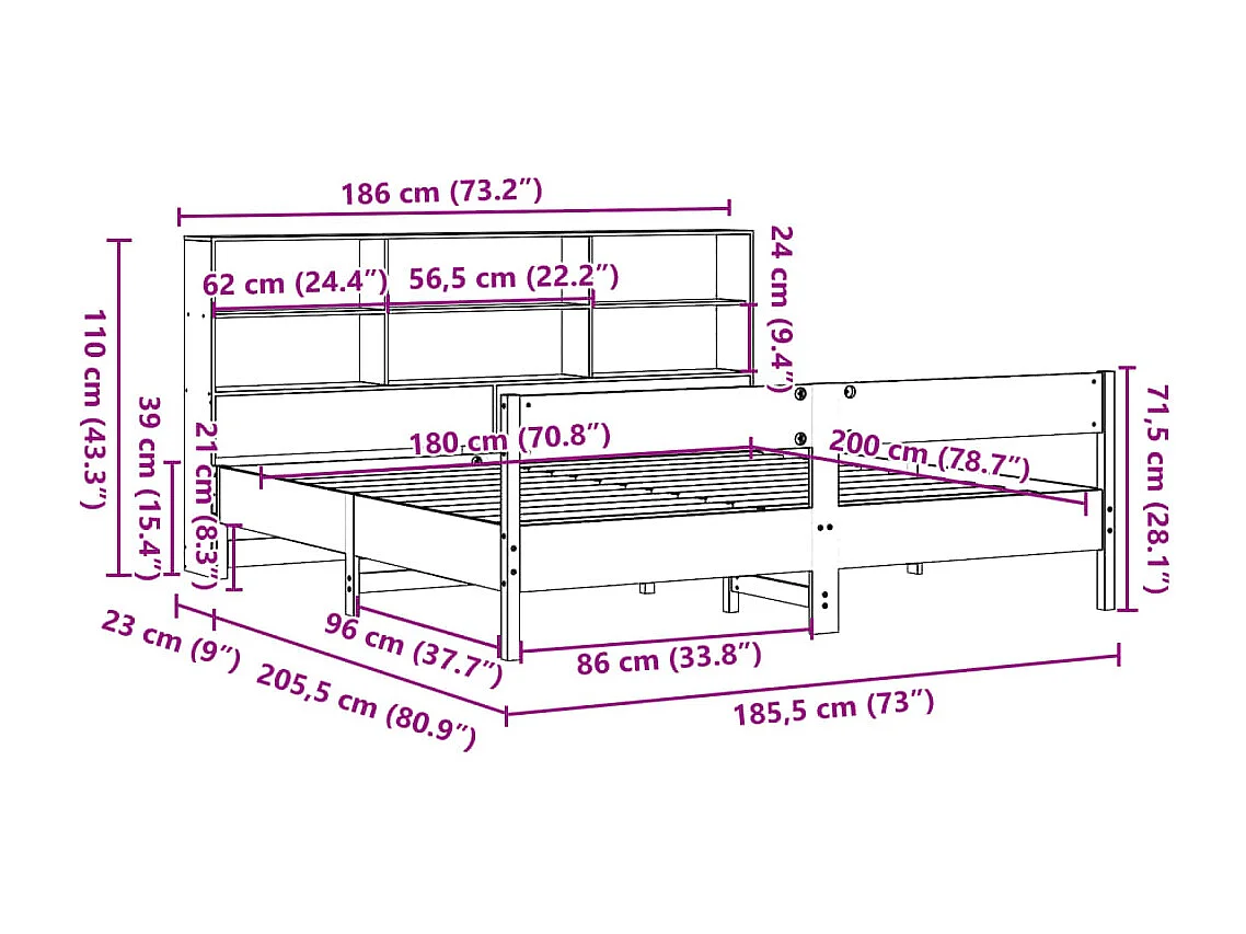 Lit bibliothèque sans matelas 180x200 cm bois massif de pin