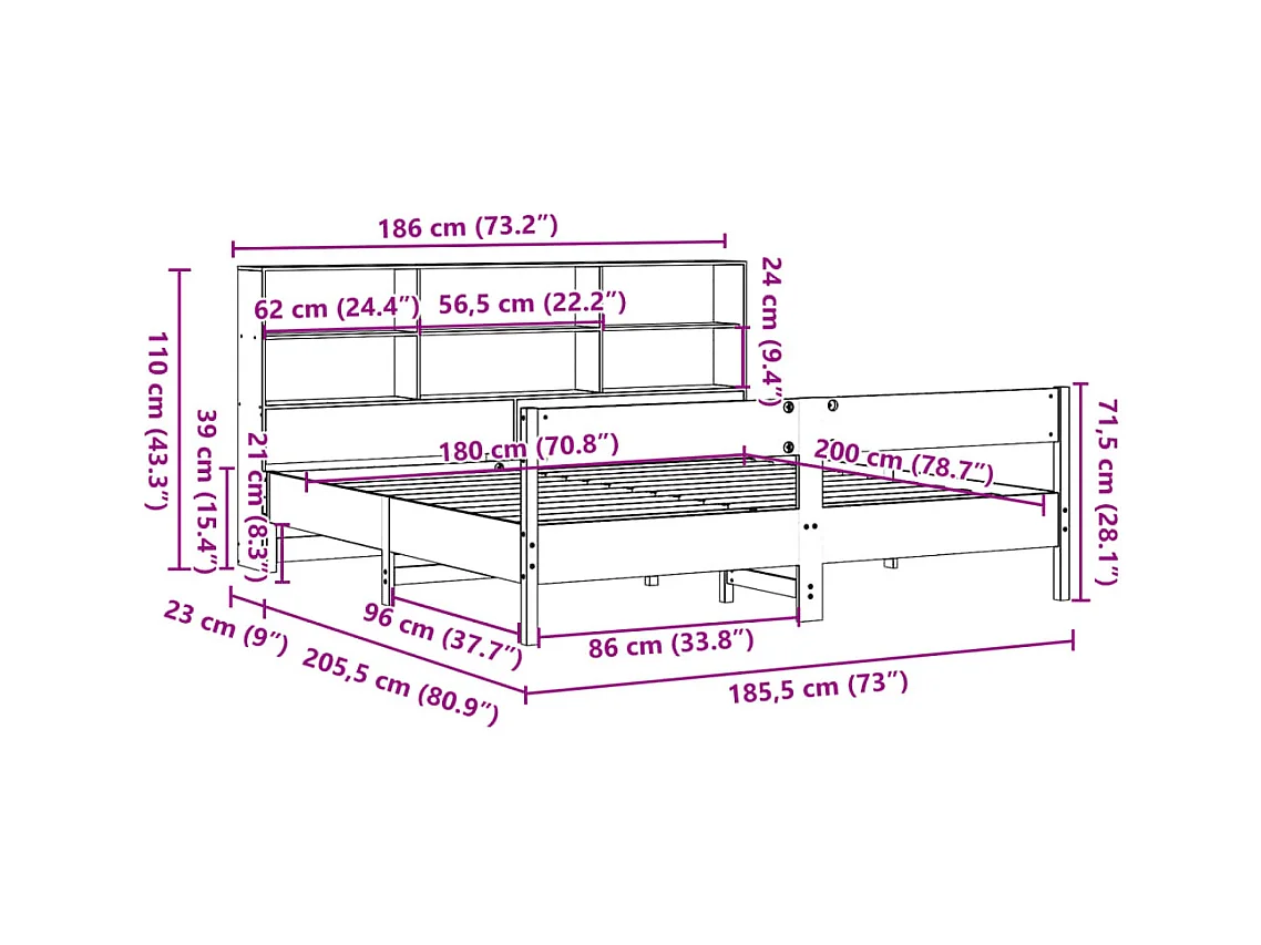 Lit bibliothèque sans matelas 180x200 cm bois massif de pin