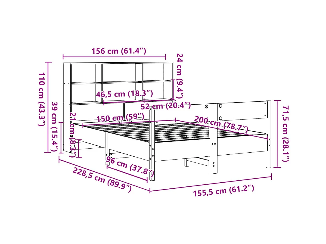 Massivholzbett mit Regal ohne Matratze Wachsbraun 150x200 cm