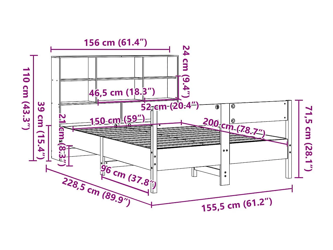 Lit bibliothèque sans matelas cire marron 150x200 cm pin massif