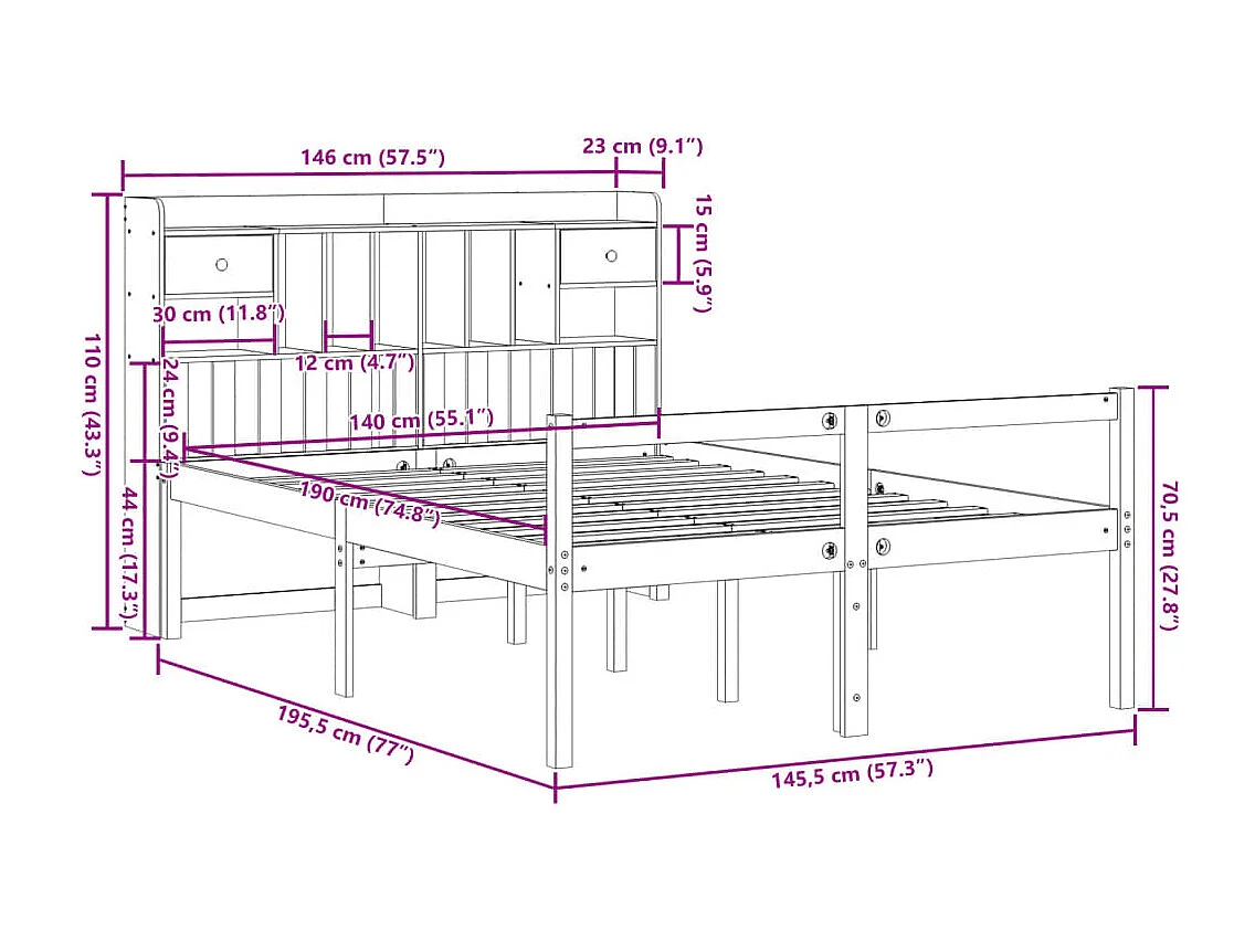 Bed met boekenkast zonder matras grenenhout wasbruin 140x190 cm