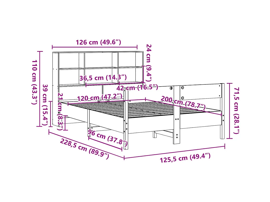 Lit bibliothèque sans matelas blanc 120x200 cm bois pin massif