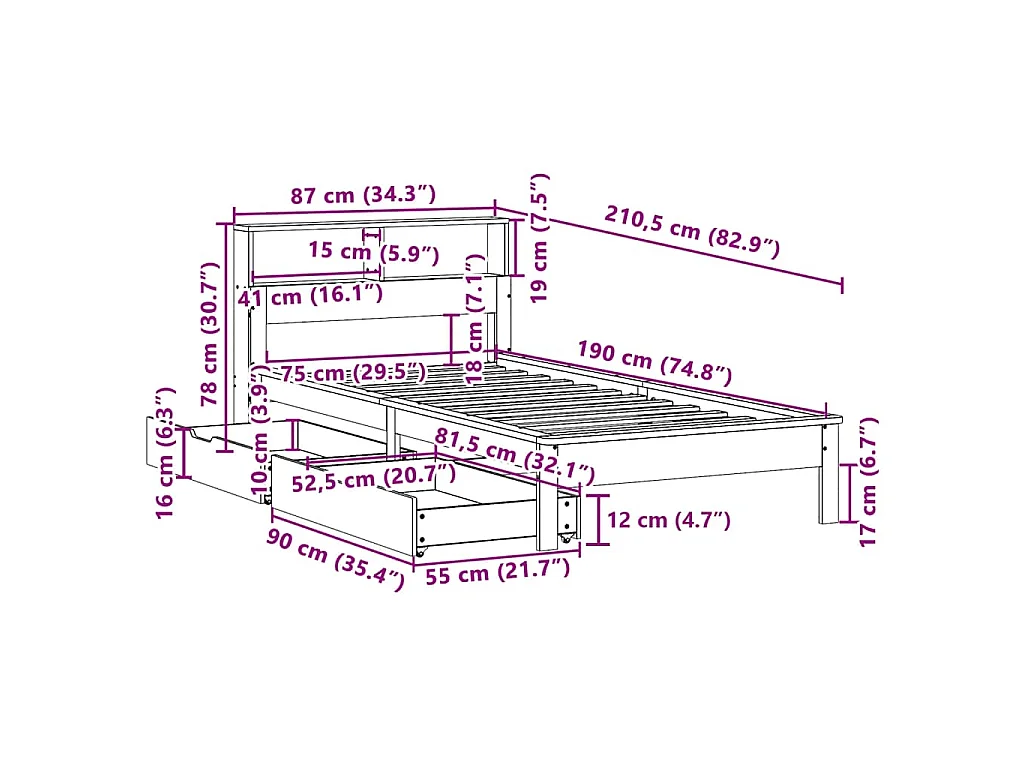 Lit bibliothèque sans matelas blanc 75x190cm bois de pin massif