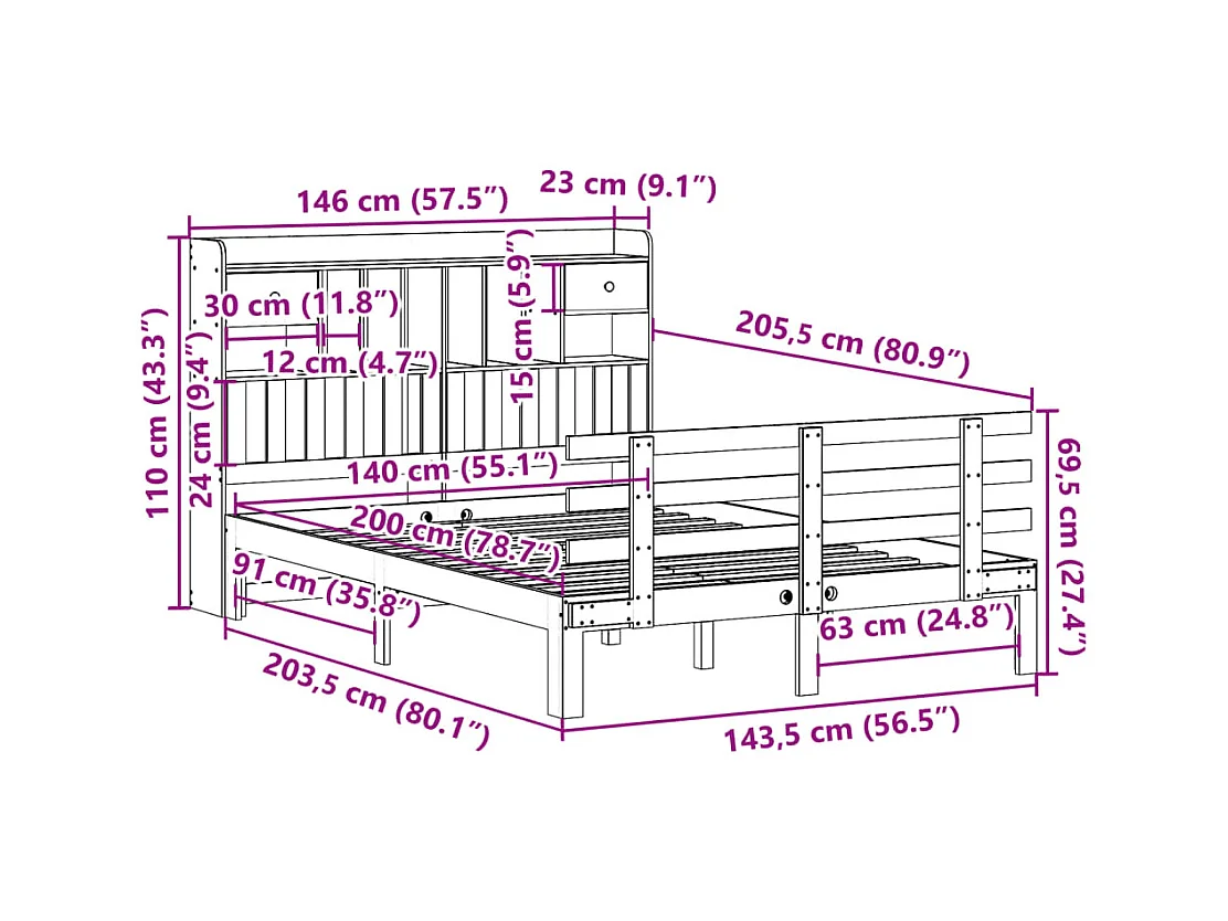 Lit bibliothèque sans matelas 140x200 cm bois massif de pin
