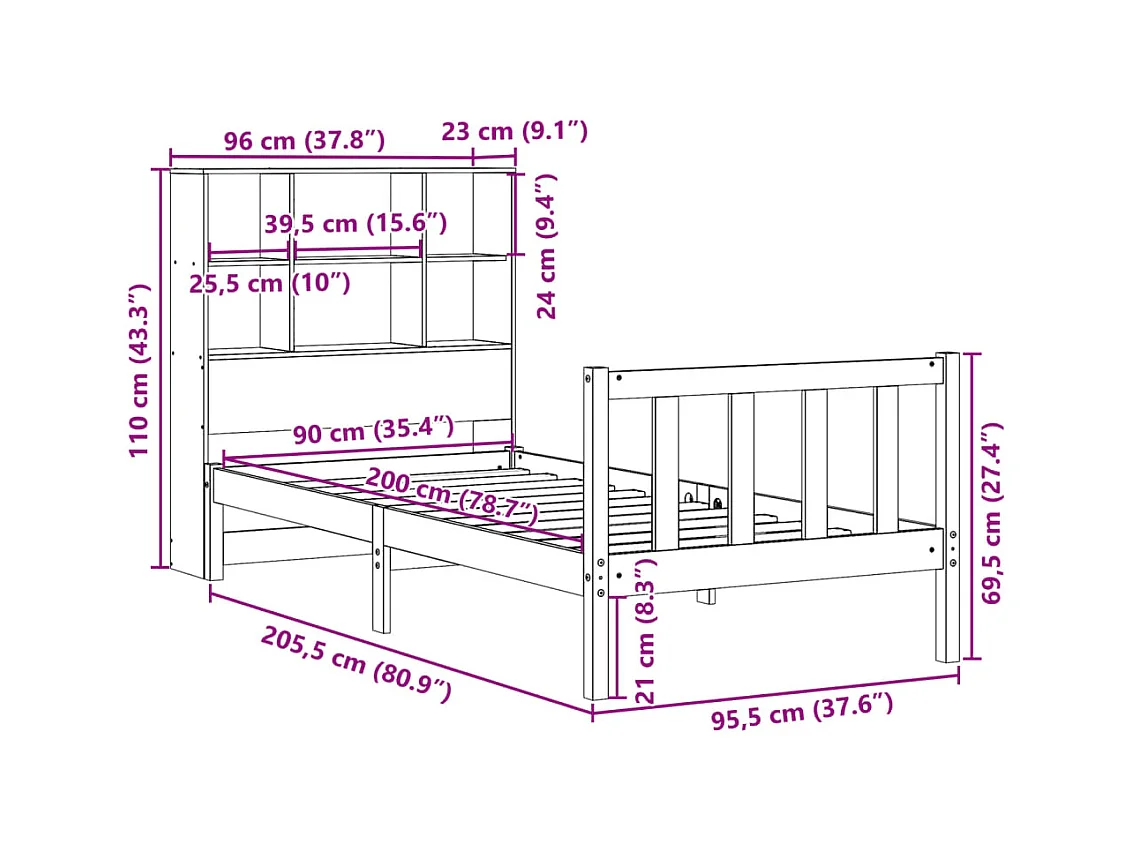 Lit bibliothèque sans matelas 90x200 cm bois de pin massif