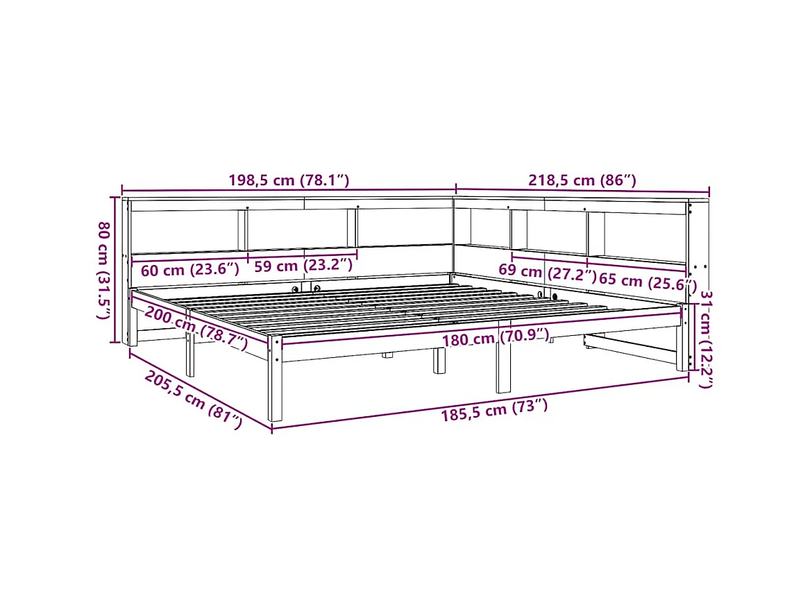 Massivholzbett mit Regal ohne Matratze Weiß 180x200 cm Kiefer