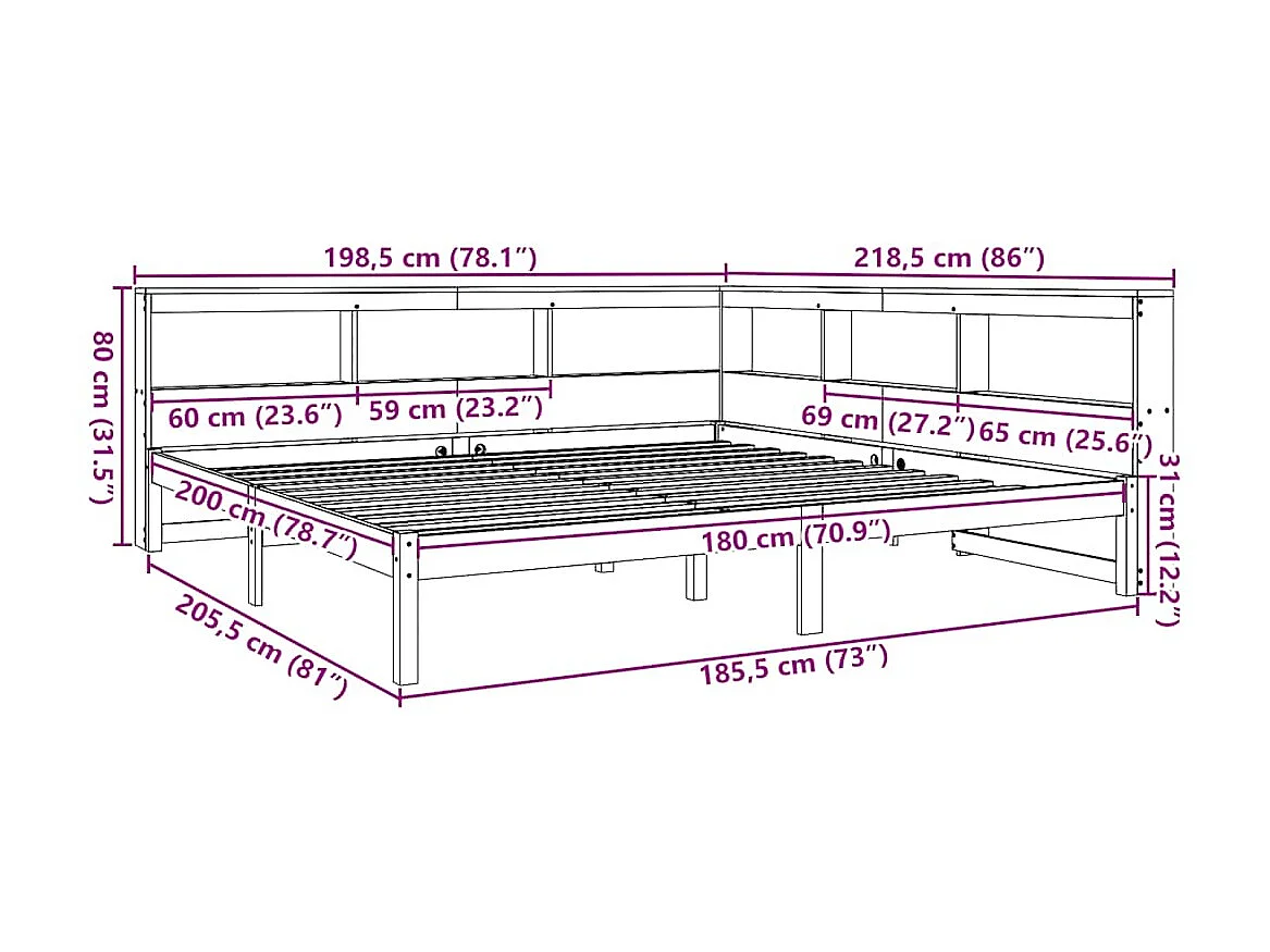 Massivholzbett mit Regal ohne Matratze Weiß 180x200 cm Kiefer
