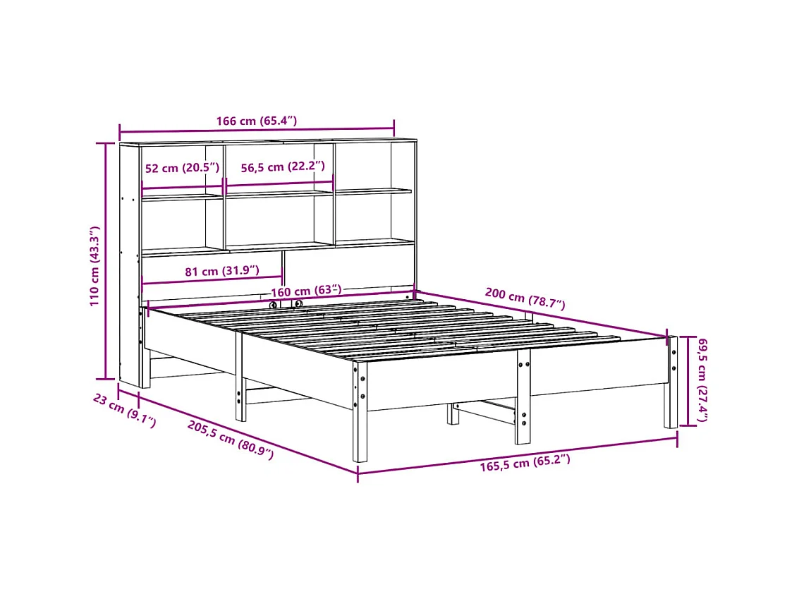 Lit bibliothèque sans matelas cire marron 160x200 cm pin massif