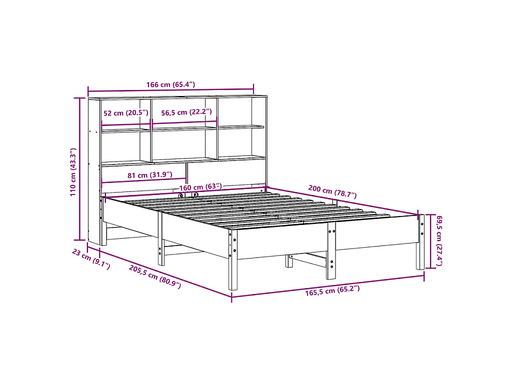 Letto Libreria senza Materasso Marrone Cera 160x200 cm in Pino