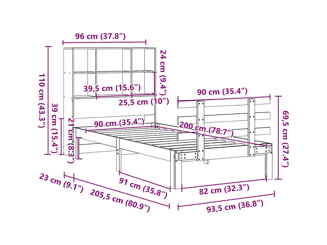 Lit bibliothèque sans matelas 90x200 cm bois de pin massif