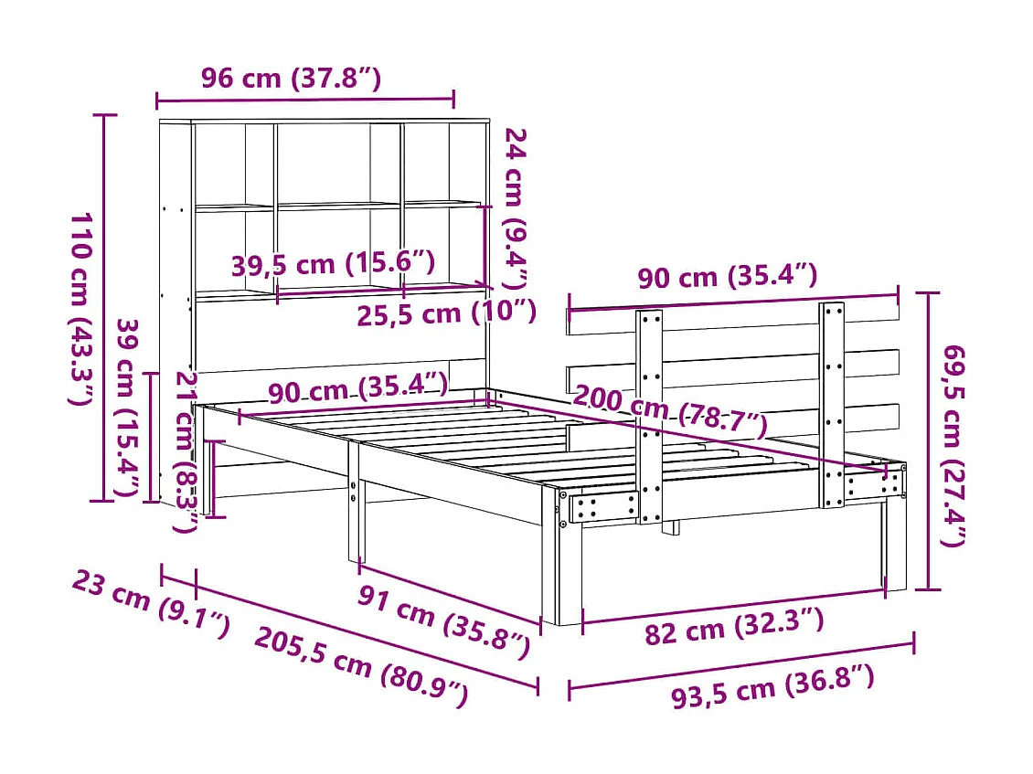 Massivholzbett mit Regal ohne Matratze 90x200 cm Kiefer