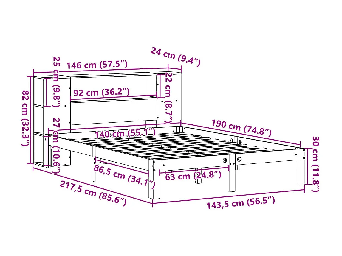 Bed met boekenkast zonder matras massief grenenhout 140x190 cm