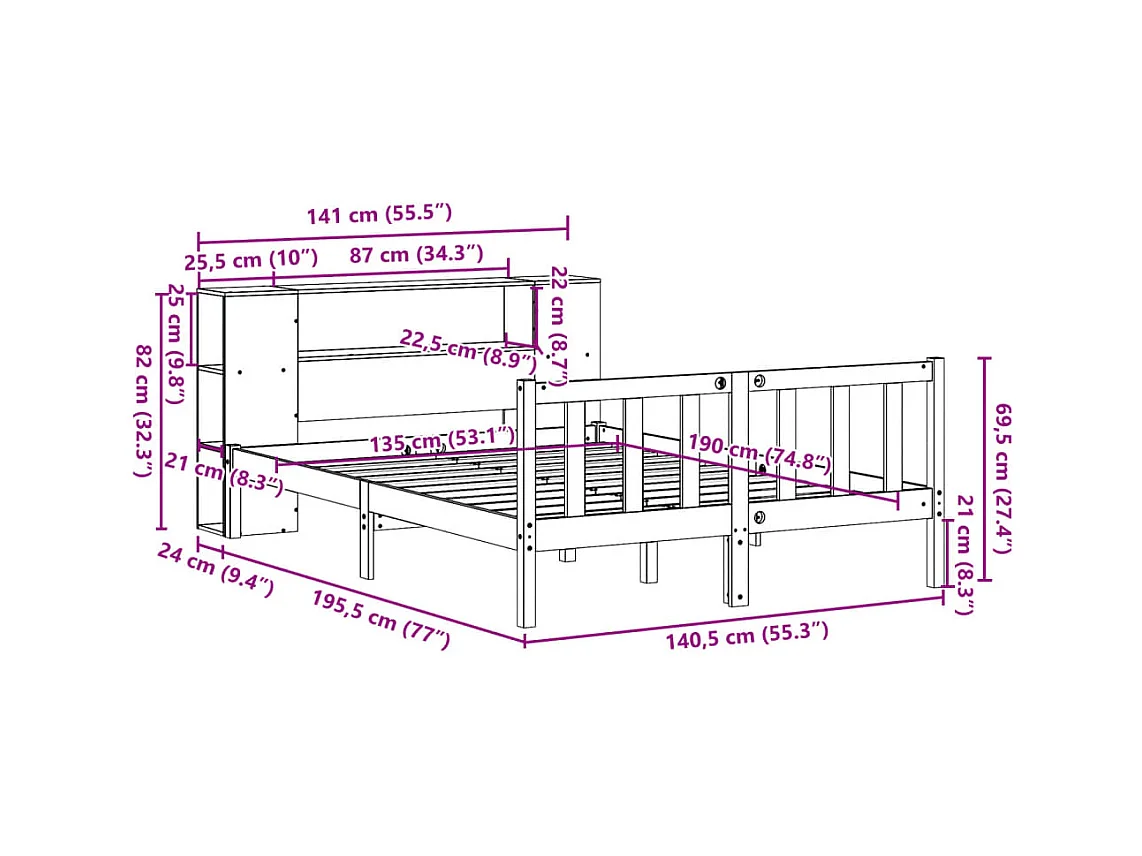Massivholzbett mit Regal ohne Matratze 135x190 cm Kiefernholz
