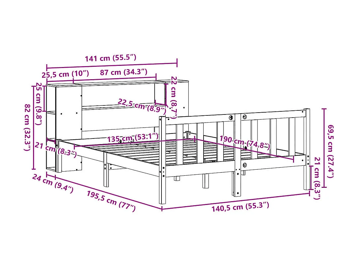 Lit bibliothèque sans matelas 135x190 cm bois de pin massif