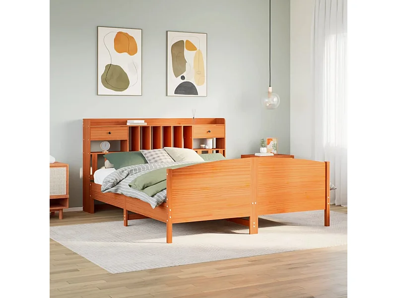 Massivholzbett mit Regal ohne Matratze Wachsbraun 180x200 cm