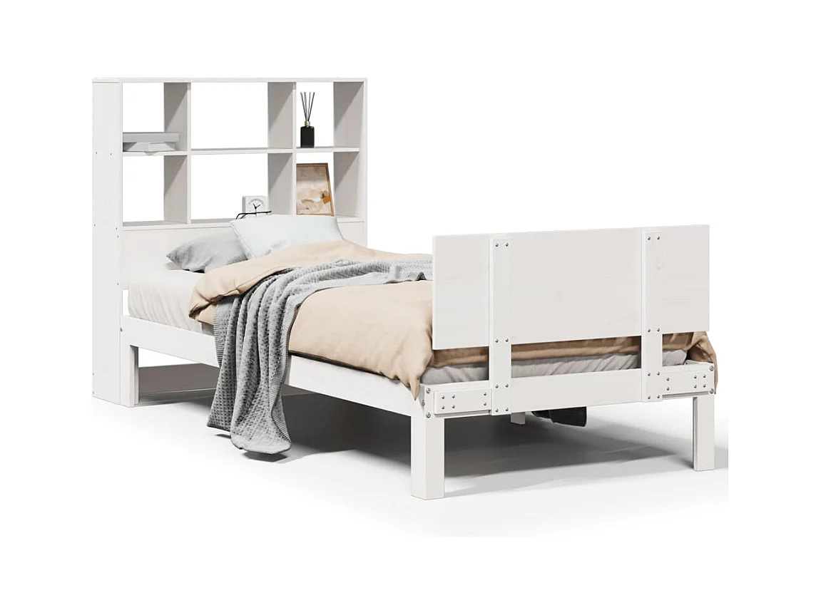 Lit bibliothèque sans matelas blanc 90x200cm bois de pin massif