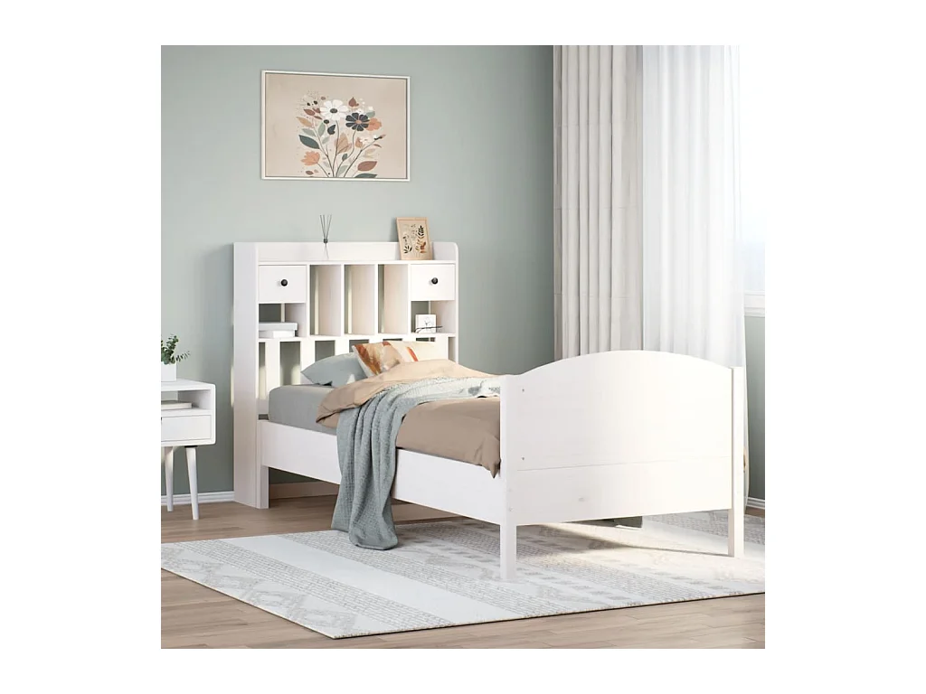 Lit bibliothèque sans matelas blanc 90x200cm bois de pin massif