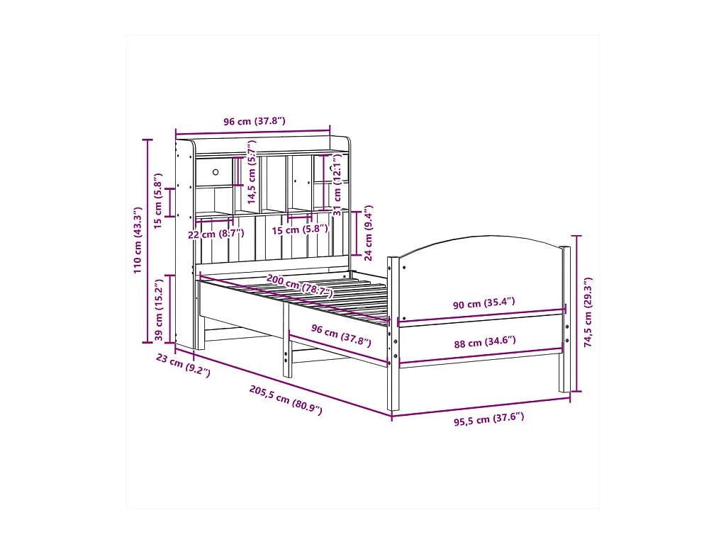Lit bibliothèque sans matelas blanc 90x200cm bois de pin massif