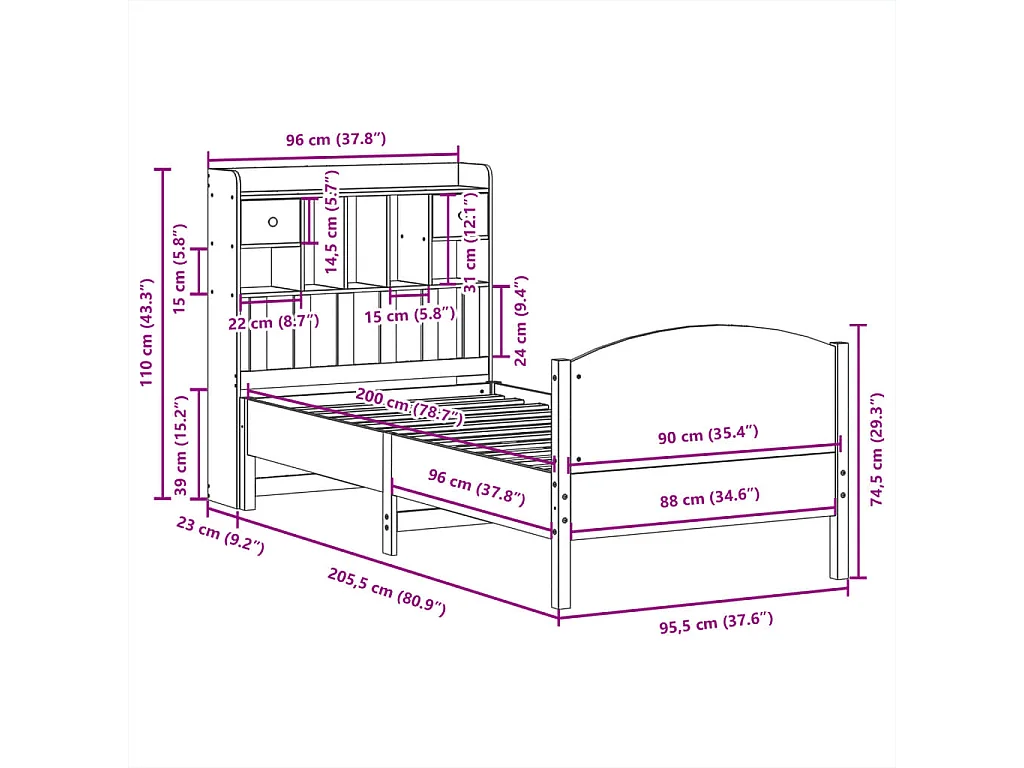 Cama con estantería sin colchón madera maciza blanco 90x200 cm