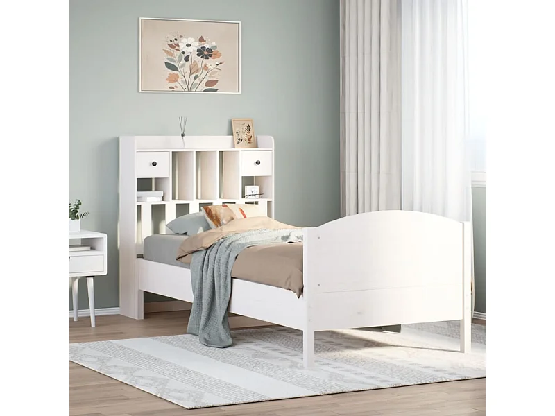 Lit bibliothèque sans matelas blanc 90x200cm bois de pin massif