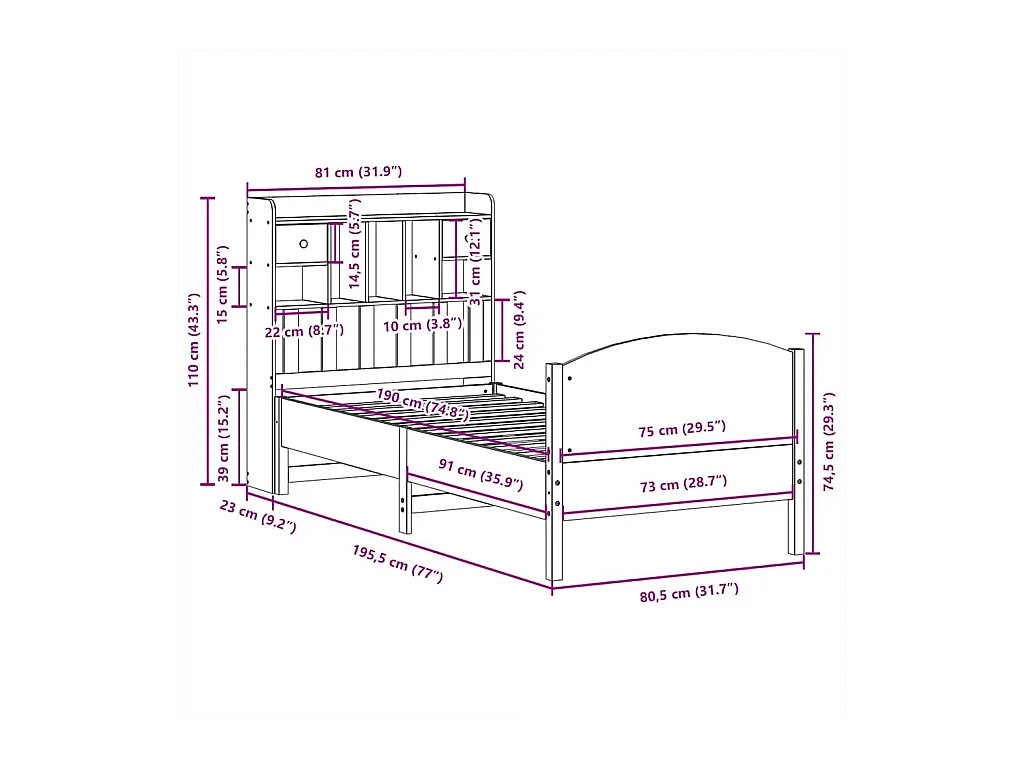 Lit bibliothèque sans matelas cire marron 75x190 cm pin massif