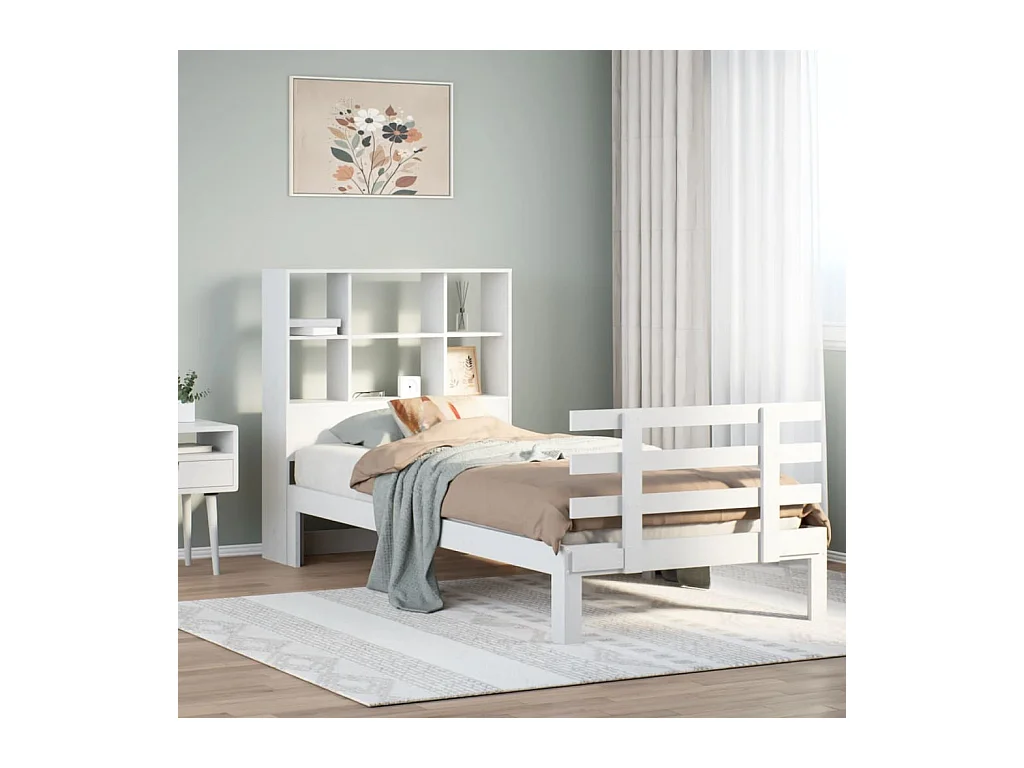 Lit bibliothèque sans matelas blanc 90x190cm bois de pin massif