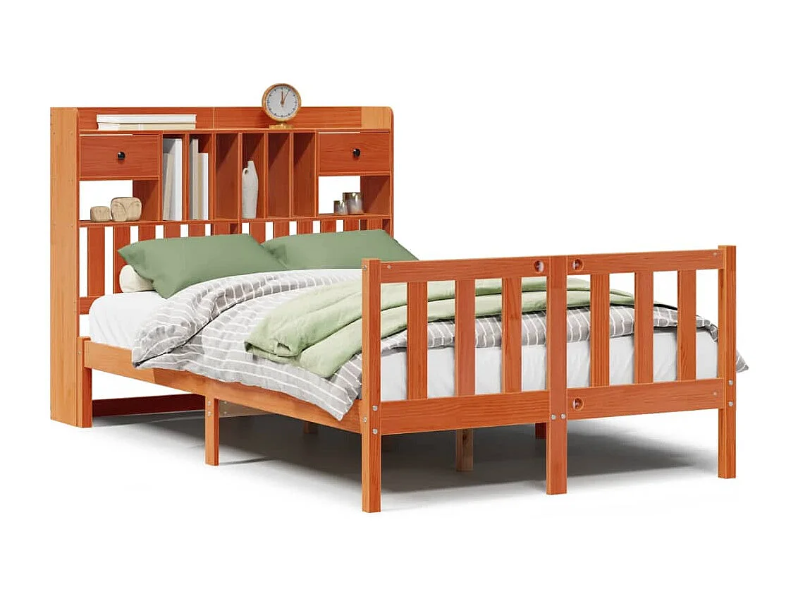Bed met boekenkast zonder matras grenenhout wasbruin 135x190 cm