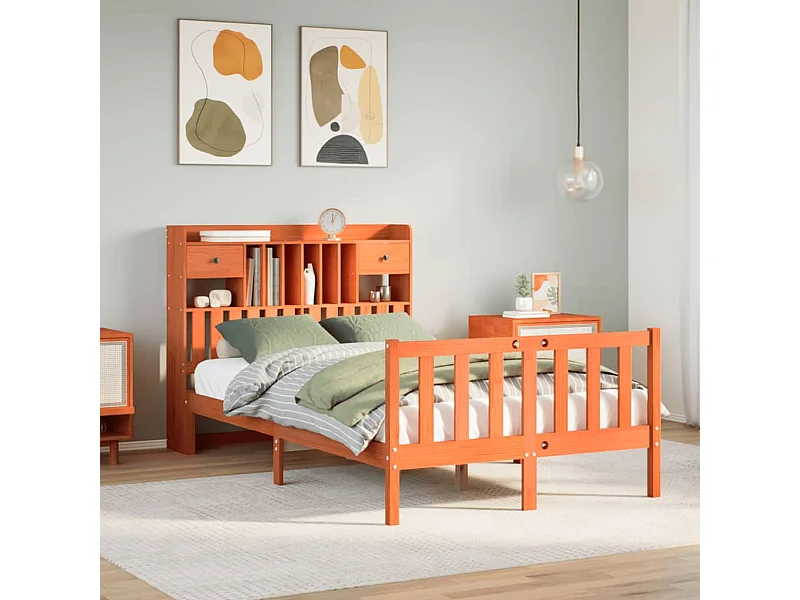 Massivholzbett mit Regal ohne Matratze Wachsbraun 135x190 cm