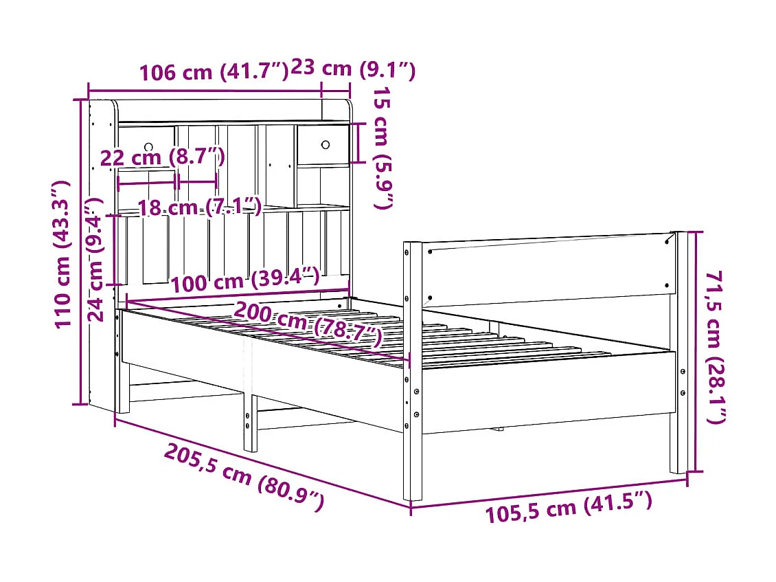 Cama com estante sem colchão 100x200 cm pinho maciço