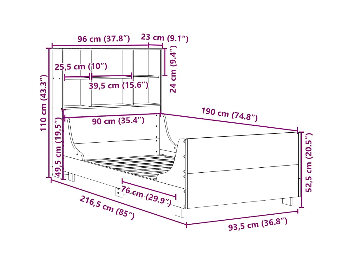 Lit bibliothèque sans matelas blanc 90x190 cm bois massif