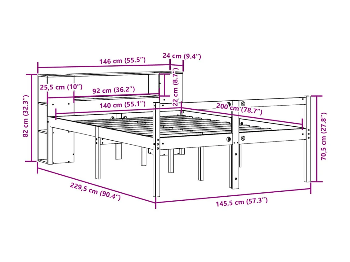 Bed met boekenkast zonder matras massief grenenhout 140x200 cm