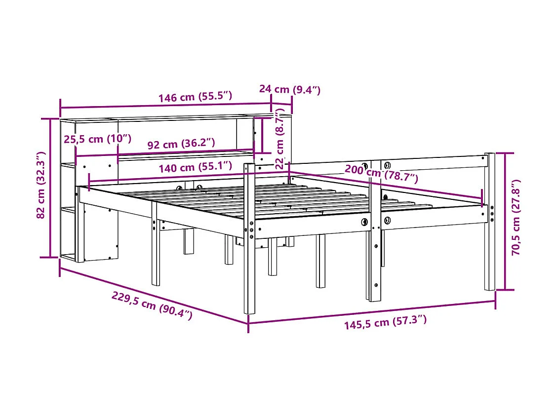 Bed met boekenkast zonder matras massief grenenhout 140x200 cm