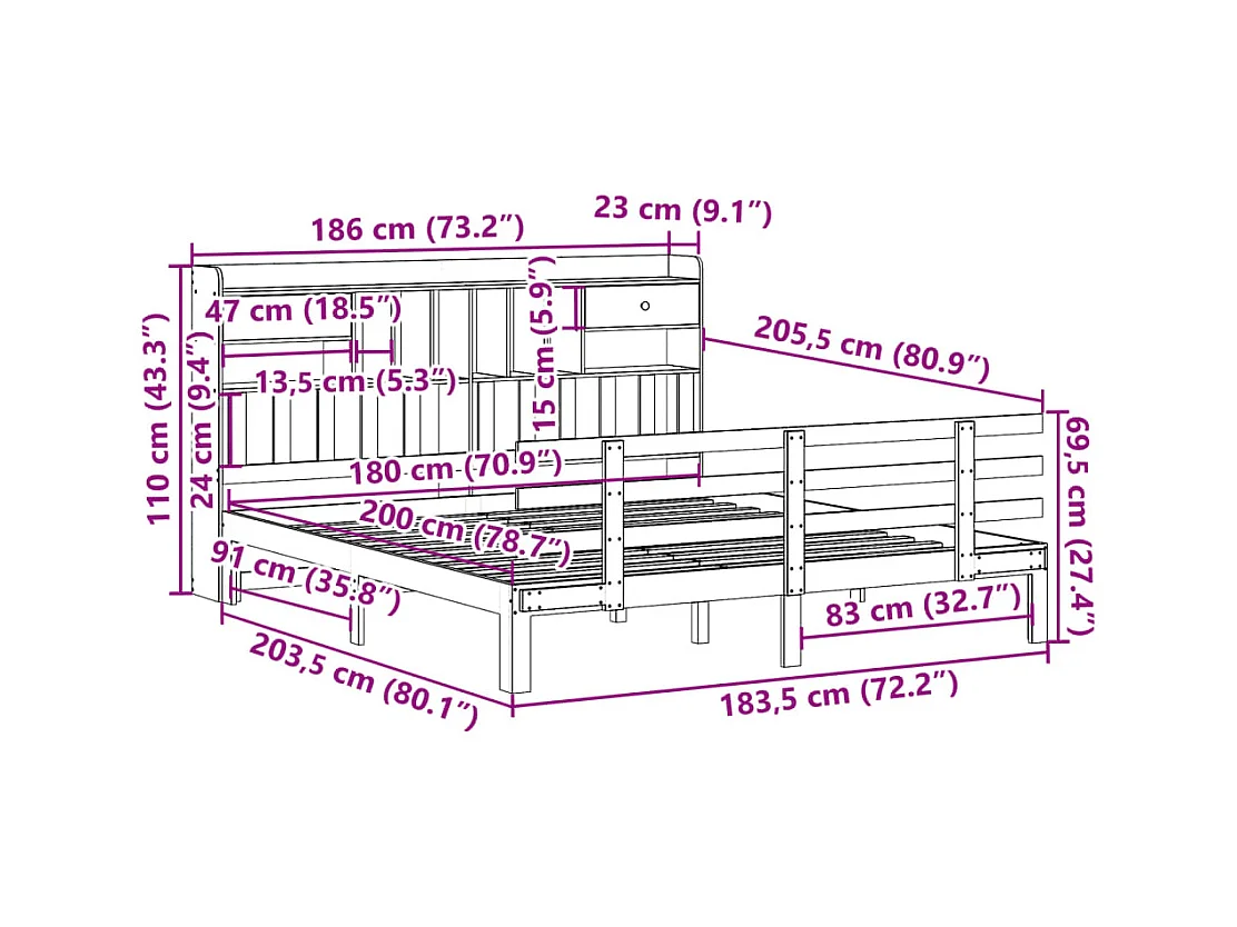 Lit bibliothèque sans matelas 180x200 cm bois massif de pin