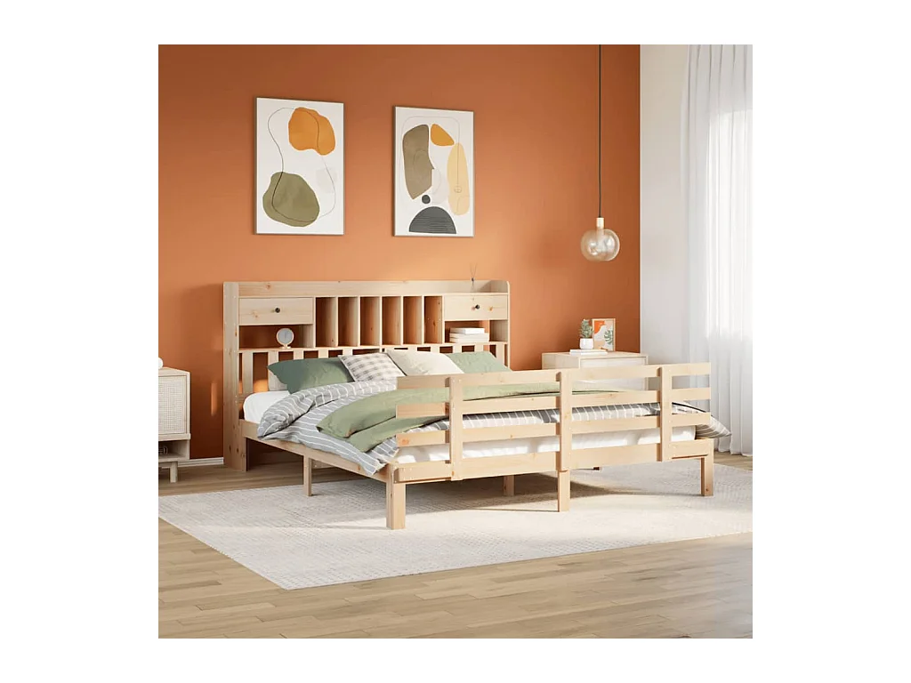 Cama con estantería sin colchón madera maciza de pino 180x200cm