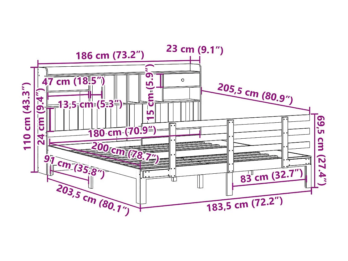 Lit bibliothèque sans matelas 180x200 cm bois massif de pin
