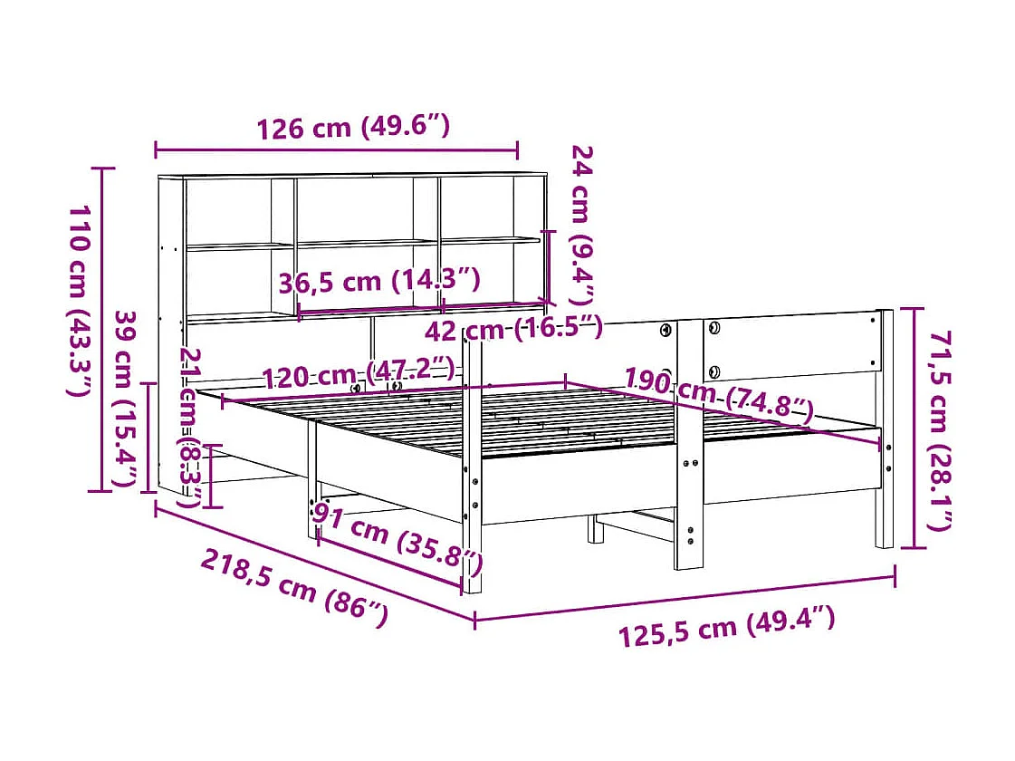 Cama com estante sem colchão 120x190 cm pinho maciço