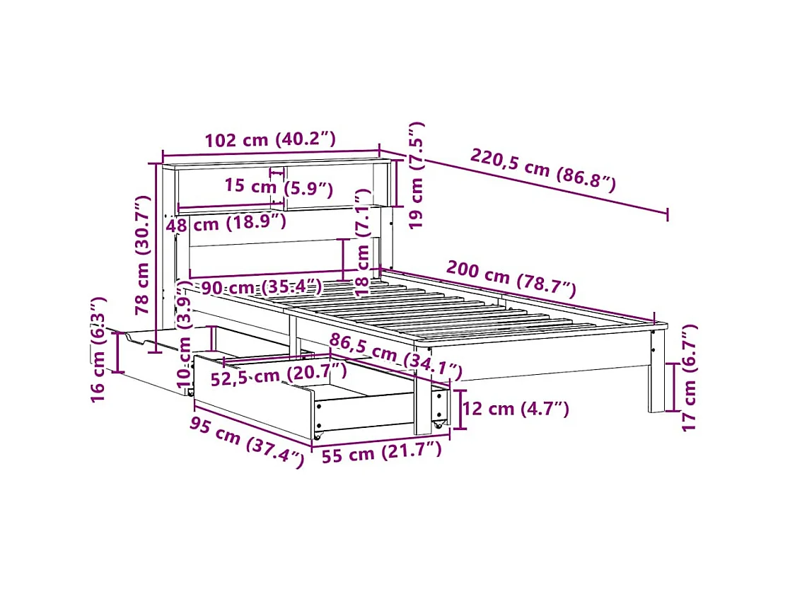 Lit bibliothèque sans matelas 90x200 cm bois de pin massif