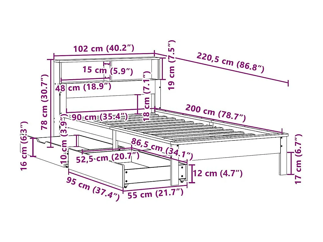 Massivholzbett mit Regal ohne Matratze 90x200 cm Kiefer