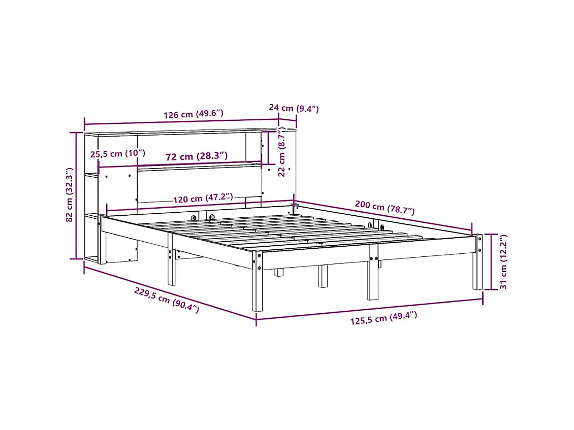 Lit bibliothèque sans matelas blanc 120x200 cm bois pin massif