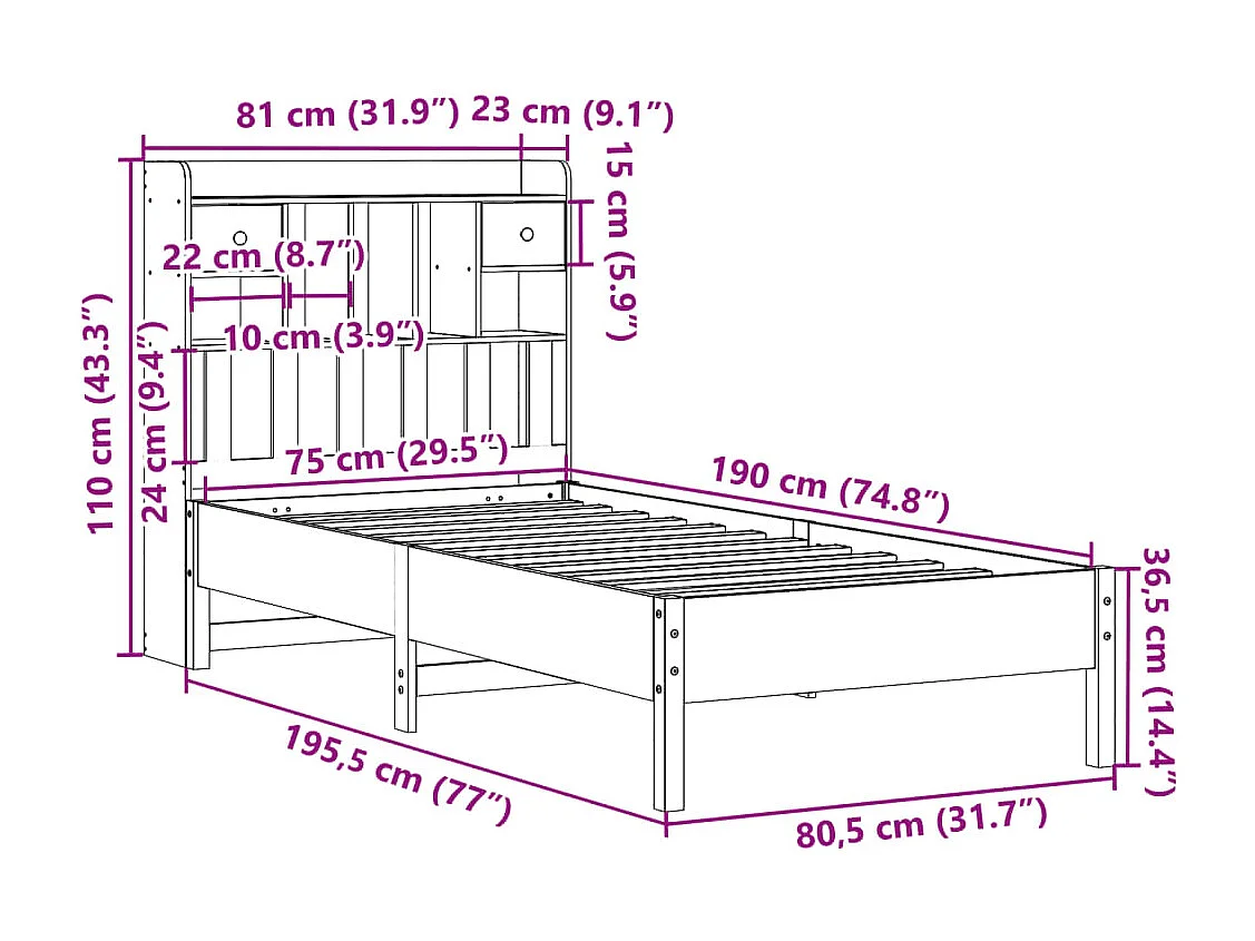 Lit bibliothèque sans matelas cire marron 75x190 cm pin massif
