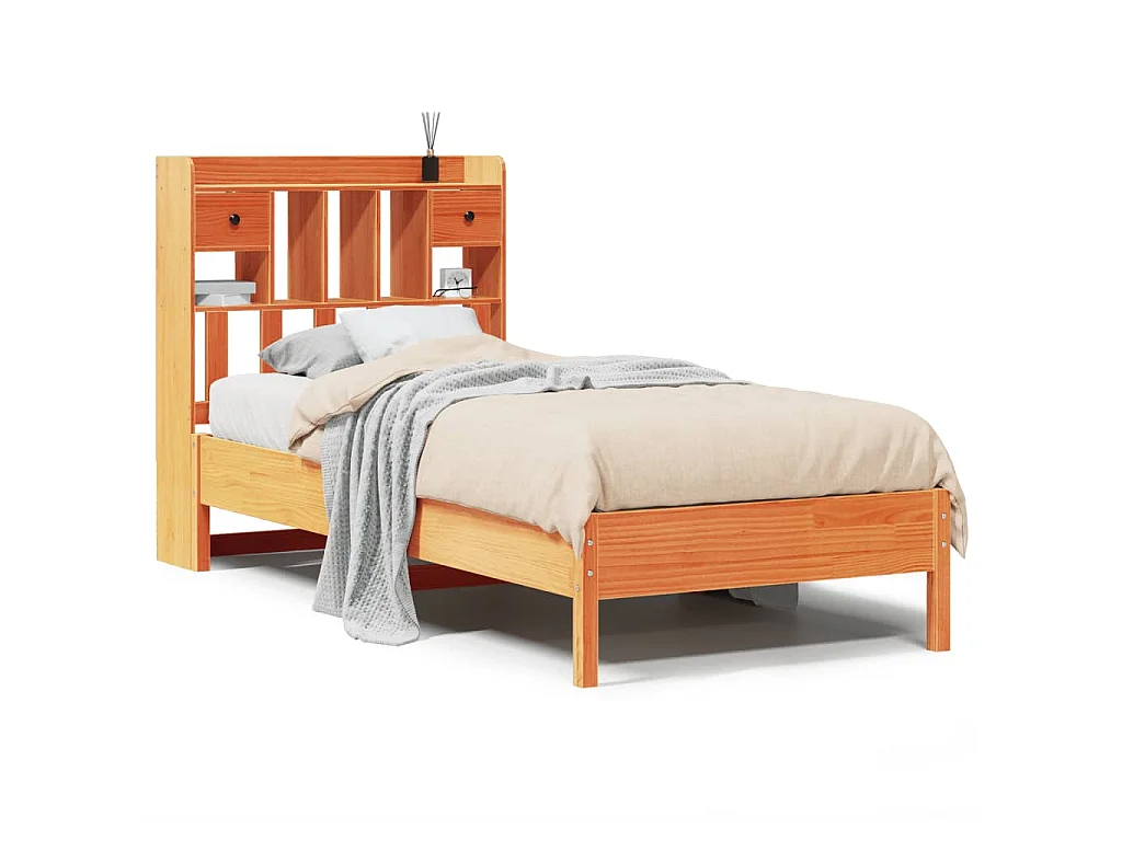 Massivholzbett mit Regal ohne Matratze Wachsbraun 75x190 cm