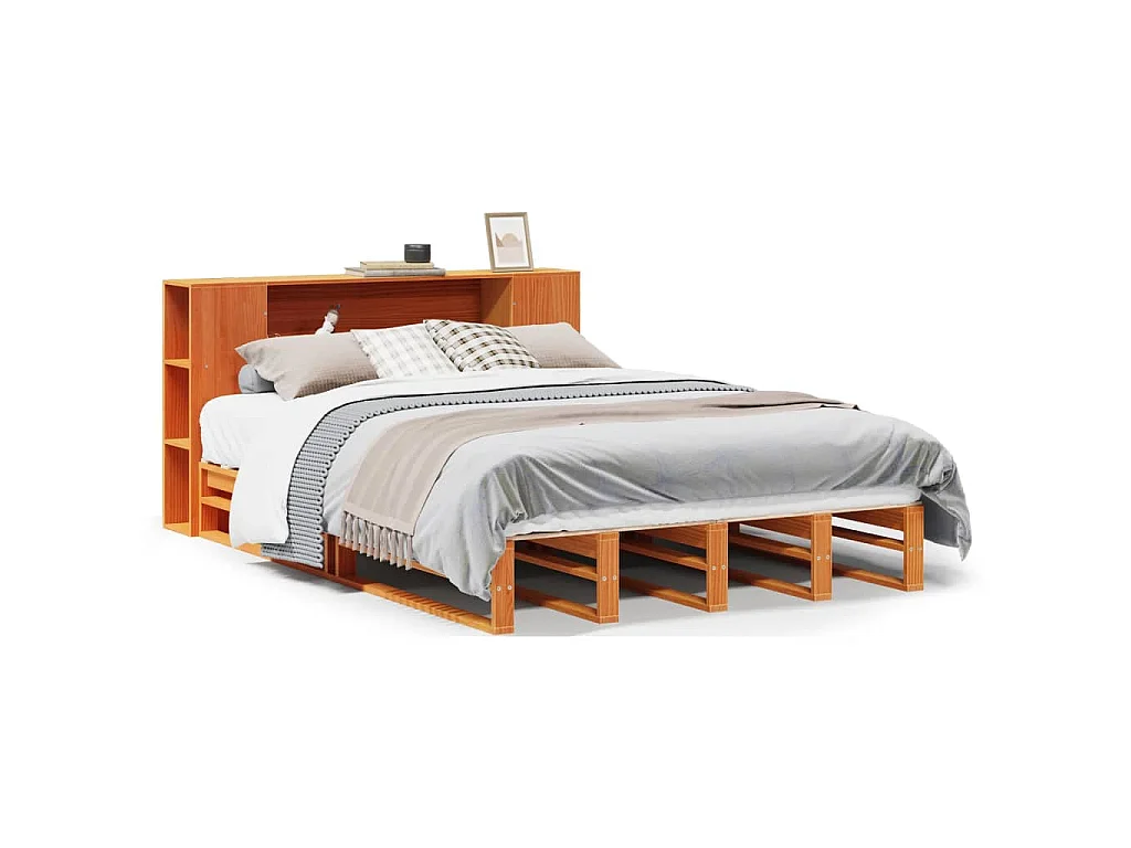 Lit bibliothèque sans matelas cire marron 140x190cm bois massif