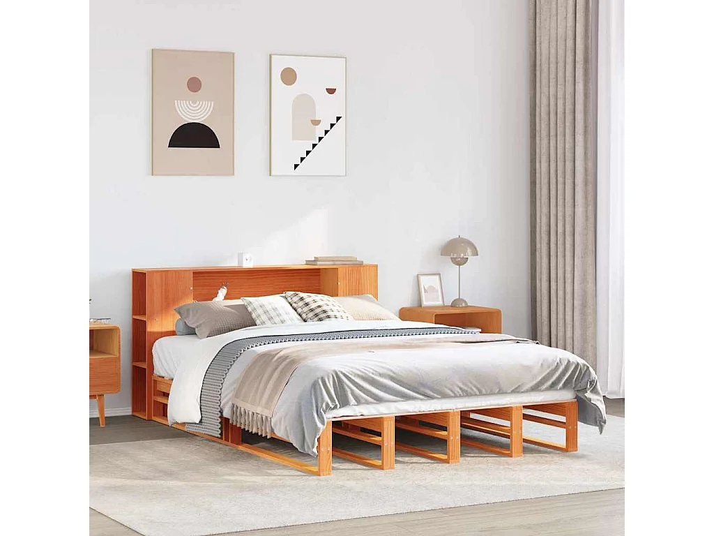 Lit bibliothèque sans matelas cire marron 140x190cm bois massif