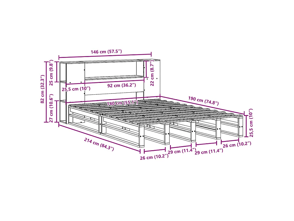 Lit bibliothèque sans matelas cire marron 140x190cm bois massif