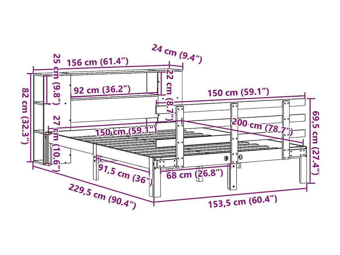 Cama com estante sem colchão 150x200 cm pinho maciço