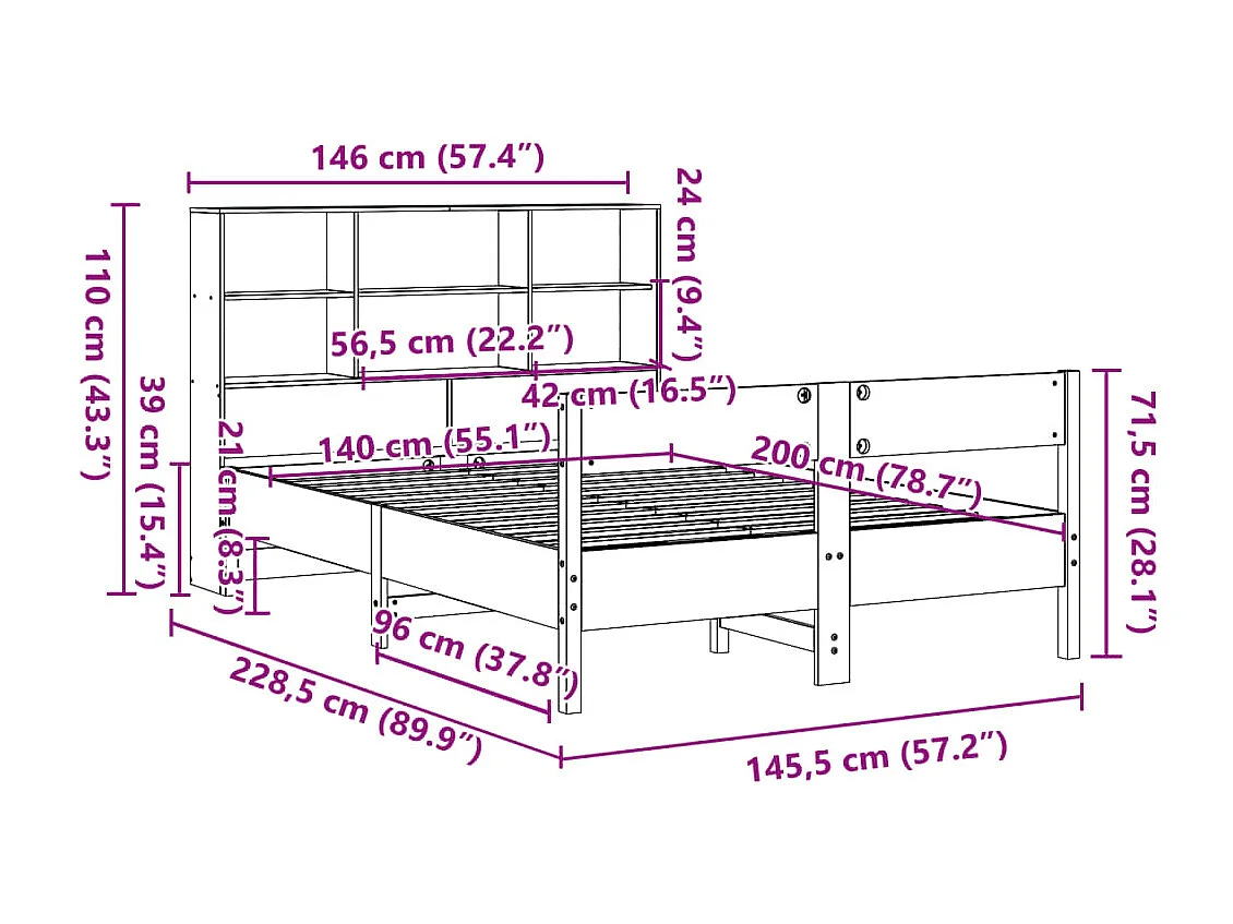 Lit bibliothèque sans matelas 140x200 cm bois massif de pin